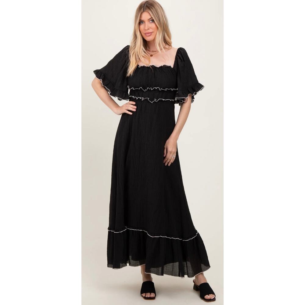Klesis Black Crinkle Flowy Ruffle Milkmaid Flutter Sleeve Long Maxi Dress NWT